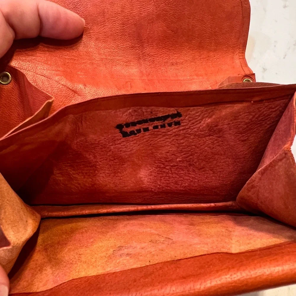 Vintage Burnt Orange Leather Envelope Clutch Triple Snap Hand Made Wallet